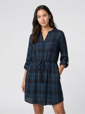 Lane Bryant Blue and Black Plaid Long Sleeve Drawstring Shirt Dress